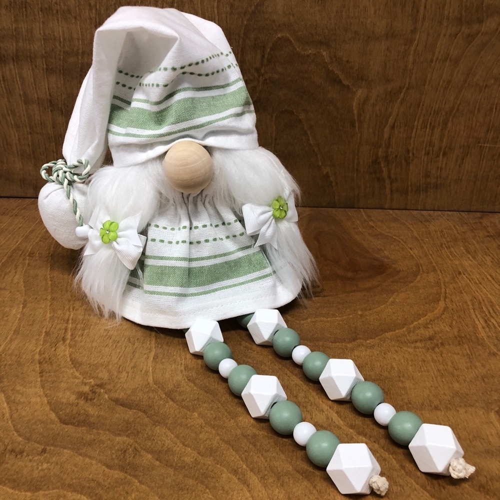 Sweet Green Gnome Linen Stripes Flowers Bows Geometric Beaded Legs Gift Spring